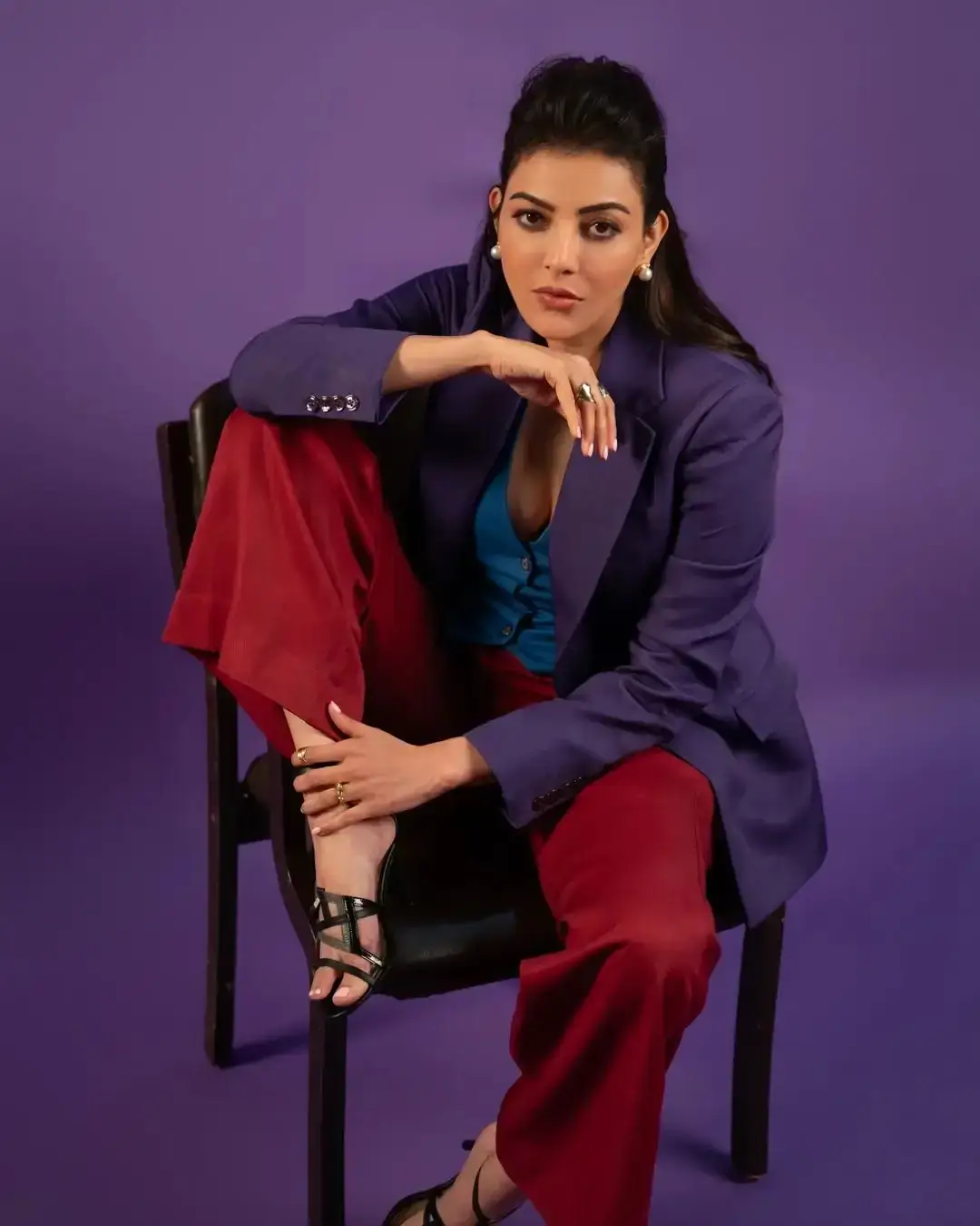 INDIAN ACTRESS KAJAL AGARWAL IN MARRON PANT BLUE SHIRT